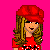 Pixel art buddy icon featuring a female character in red outfit with flame-patterned pants and text on shirt, alongside "Hott Stuff" text block on pink background.