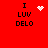 Red background with black text "I LUV DELO" and four distinct pixelated symbols: a heart, a starburst, a dot cluster, and an empty space.