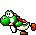 Pixel art of a green dinosaur-like character in four sequential poses showing walking motion against gray background.