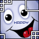 six identical cartoon faces with light blue skin, large white eyes with black pupils, and red lips forming a wide smile; each face has the word 'HAPPY' in blue text above its mouth