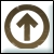Brown circular outline encloses a brown upward-pointing arrow on white background with light blue gradient edge.