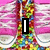 Pixelated pink background with white scalloped patterns and colorful vertical stripes, featuring bold black-outlined text "I LOVE YOU <3" in two