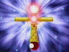 Animated cross-shaped object with glowing center and radiating background, changing colors across frames.