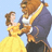 Pixelated image of a woman in yellow dress and beast-like man in blue coat dancing, with text "think..." and "ion and rosza" on blue background.