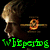 A pixelated profile of a person with light brown hair, wearing a dark outfit with a glowing orange circular emblem on the chest, displayed in a with green and purple text overlays