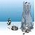 Pixelated static image shows two penguin figures on a beach with blue water and sky background, one standing upright and one smaller figure to the left.