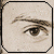Pixelated close-up of a human eye with a visible eyebrow, set against a light beige background within a black border.