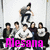 A pixelated group of six people in casual clothing with one person jumping above the others, overlaid by bright pink text reading "Alesana".