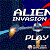 Pixelated arcade-style image with 'ALIEN INVASION' text above a spaceship firing blue laser beams against a dark blue background.