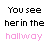 A 3x3 contact sheet of animated frames showing a text-based animation with alternating black and pink pixelated text on white background, depicting a lyrical sequence about seeing someone in the hallway and crying herself to sleep.