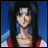 Pixelated anime-style character with long black hair and a white forehead band, wearing red and white clothing against a blue background.