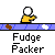 Pixelated character in yellow shirt on blue platform with brown and white shapes, text "Fudge Packer" below.