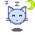 Pixel art cat face with closed eyes, pink cheeks, and gray whiskers; two blue Zs above head, green crescent moon to right, dark shadow below on light gray background.
