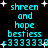 Pixelated cyan text on black background with white stars, repeating 'shreen and hope bestiess' followed by sequences of '3's.