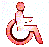 Red 3D wheelchair icon with seated figure, displayed in multiple views showing rotation and perspective changes.