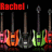 Red text 'Rachel' appears above a of electric guitars with alternating orange and green bodies on dark stands