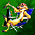 Pixelated cartoon character in dynamic pose with blue cape and red headband on green background, next to green text reading "Original Icons .com".