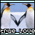 Animated contact sheet of penguin icon frames showing text animation and subtle pose changes against a blue background.