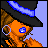 Pixelated character with orange skin, black hat, and blue accents in a sequence showing head and body movement against light purple background.