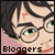 Pixelated image of a character with round glasses, green eyes, and dark hair featuring a red lightning-bolt scar on the forehead; text "Bloggers" appears below.