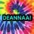 six tie-dye patterned images with the text DEANNA! in different colors on each