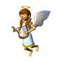 Animated angel with brown braided hair, golden halo, and blue-and-white wings plays a harp while floating against white background.
