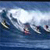Pixelated static image of a surfing scene with multiple figures on waves against a blue background.