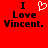 Red background with black text reading "I Love Vincent." and a white pixelated heart symbol replacing the word "love" in one instance.