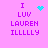 Pixelated text 'I LUV LAUREN ILLLLY' on pink background with cyan heart or starburst animation above 'LUV'.