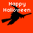 Pixelated orange background with white 'Happy Halloween' text and black witch silhouette flying on broomstick, three views showing motion.
