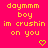 Pixelated yellow text on bright pink background reads "daymmm boy im crushin on you" with two green pixel hearts below.