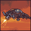 Pixel art of a dark armored vehicle with glowing yellow lights, emitting white and orange exhaust against an orange-brown background.