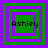 Four square display a green and purple layered border with the name 'Ashley' in black pixelated text, each showing different internal layer arrangements
