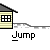 Pixelated animation of a small figure in a blue outfit performing a jump sequence near a beige house with a gray roof, set against a gray background.