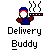 Pixelated icon of a figure in blue and red clothing holding a device with colored segments, above text reading Delivery Buddy on gray background.