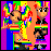 Pixel art featuring two figures with rainbow hair against a striped background, transitioning to text and animated elements.