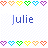 A static image displays the name 'Julie' in blue pixelated text across three , surrounded by repeating rainbow-colored heart icons on a light background
