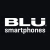 Pixelated logo with white text 'BLU' above smaller text 'smartphones' on a black background.