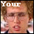 six showing a person with curly hair and glasses, each displaying different text above the head