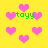 Yellow background with scattered pink heart shapes and green text reading 'toyy' in multiple locations.