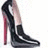 Black high-heeled shoe with red sole and white accents on white background, with pink text overlay.