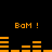 Pixelated orange text and bar graphs on black background with repeated 'Bom!' text and changing bar heights.