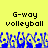 Yellow background with black text reading "G-way volleyball" repeated twice, blue pixelated shapes below text.