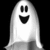 Two white ghost figures with black eyes and mouths stand against a black background, one with orange text overlay reading "Happy Halloween!".