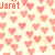Pixelated image with red text 'Jaret' at top left, scattered pink heart shapes on light beige background.