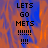 Pixelated text 'LETS GO METS' with multiple exclamation marks on a blue-orange gradient background, displayed in two identical vertical
