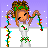 Animated pixel art contact sheet showing a cartoon character with brown curly hair and green headband holding colorful Christmas lights, transitioning from visible face to text overlay across frames.