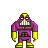 Pixel art character with purple body, yellow limbs and head accents, white eyes, and a wide mouth showing multiple teeth against gray background.