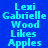 Blue background with light blue text reading Lexi Gabrielle Wood Likes Apples in a pattern, showing pixelated animation changes across frames