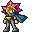 Pixel art character with pink and yellow hair, blue cape, gray pants, orange hands, standing in four distinct poses against a light gray background.